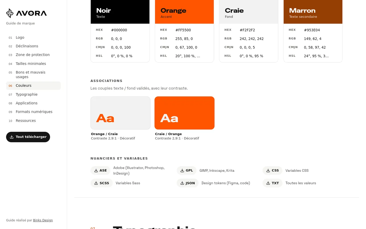Section Couleurs du site généré : nuanciers HEX, RVB, CMJN et fichiers de palette.